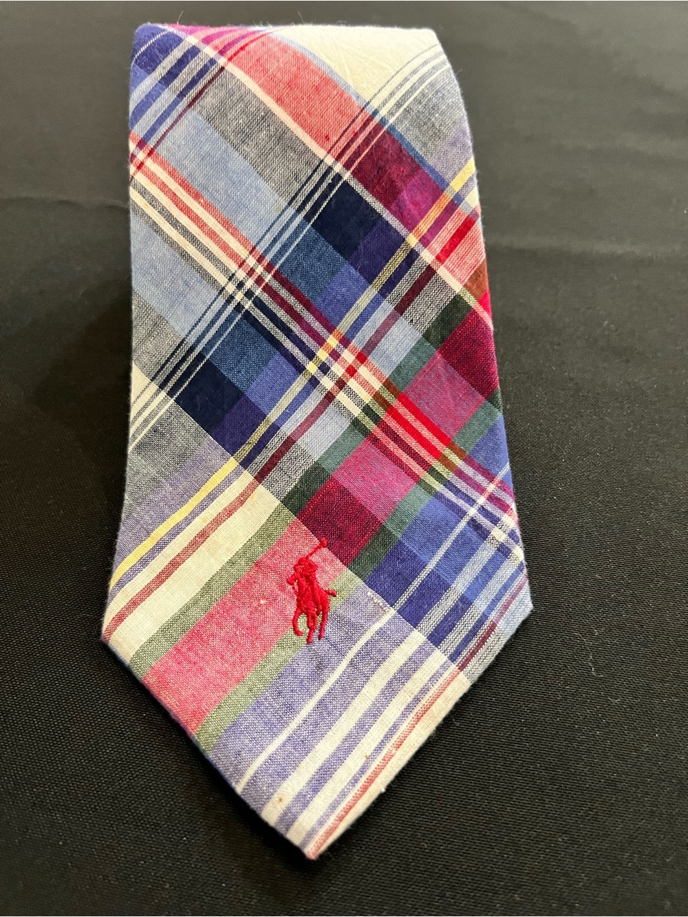 Polo by Ralph Lauren Red Blue Plaid Cotton Tie with Red Pony Vintage USA Made